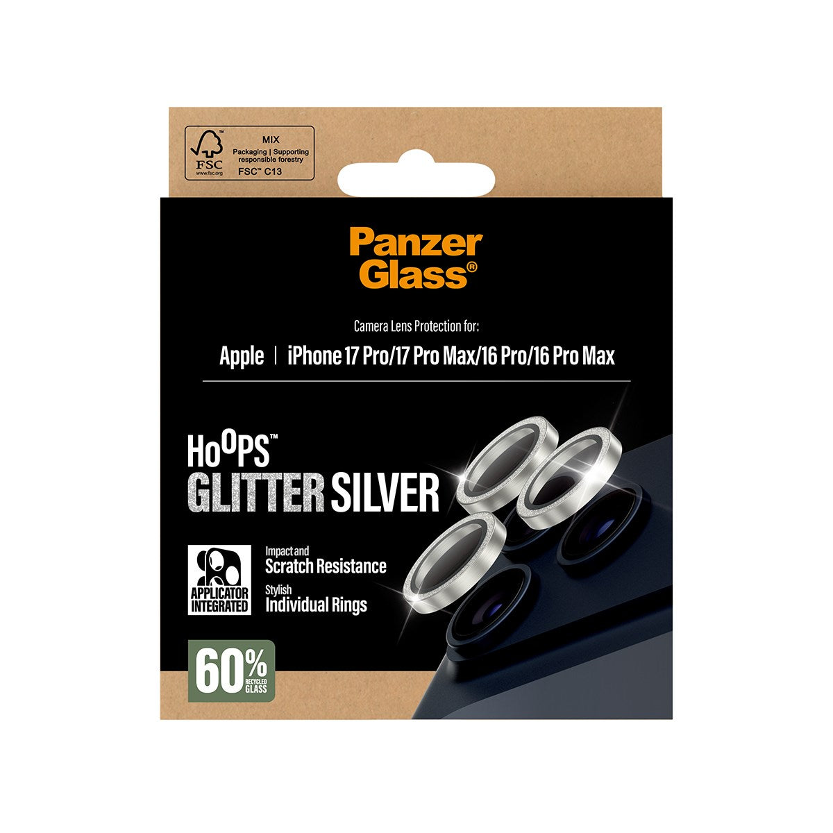 PanzerGlass® Hoops® Glitter Silber Kameraschutz iPhone 17 Pro | iPhone 17 Pro Max | iPhone 16 Pro | 16 Pro Max